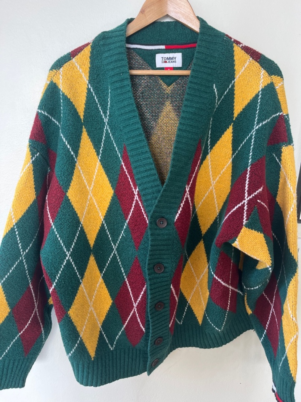 Tommy Hilfiger Green, Yellow & Burgundy Argyle Button Cardigan